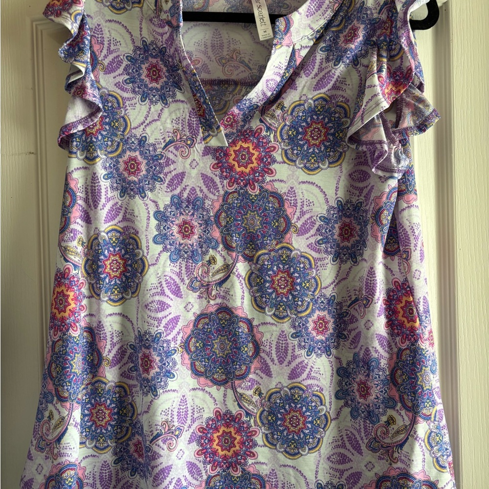 White and Purple Ruffled Blouse with Notched Collar